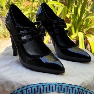 Stuart Weitzman Patent leather pointed mary jane strappy heels trifecta